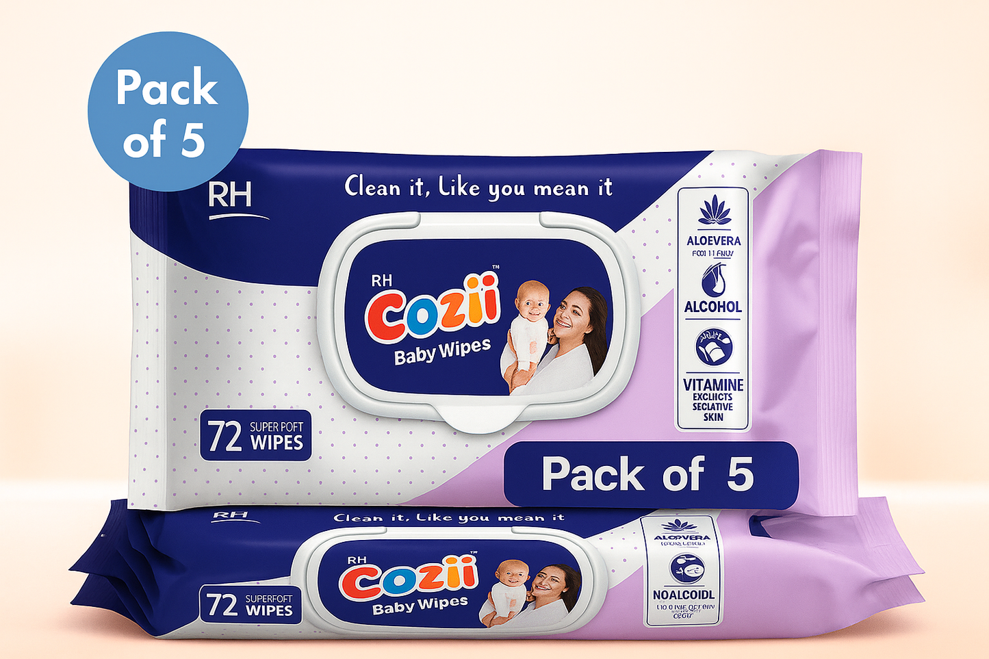 Cozii Baby Wipes – 72 Ultra-Soft Wipes with Aloe Vera (Pack Of 5)